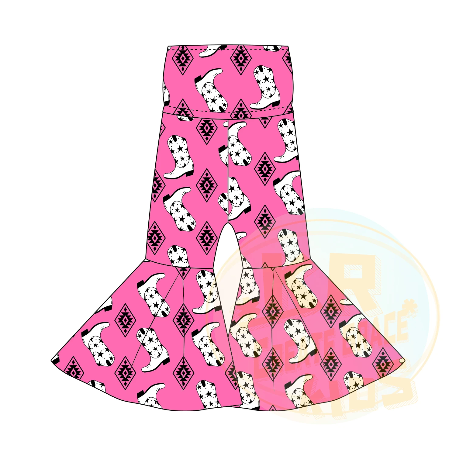 Manufacture Stylish Toddler Clothing Print Horse Poker Skull Star Boots Plaid High Waist Flares Trousers Girls Bell Bottom Pants