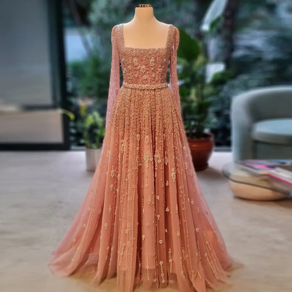 Nude Pink Square Collar 2024 Luxury Dubai Evening Dress With Cape Sleeves Blue Arabic Women Wedding Party Gown Scz032-1