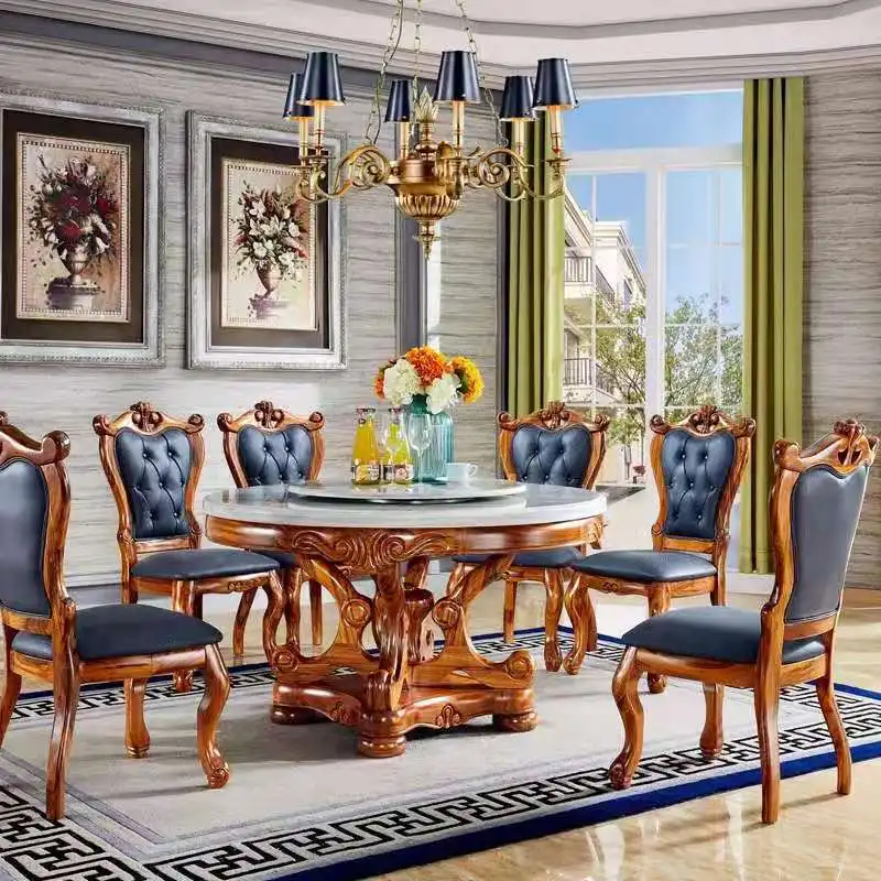 Classic European Style Dining Table 8 Seaters Chairs Luxury Marble Wooden Rotating Dining Table Set