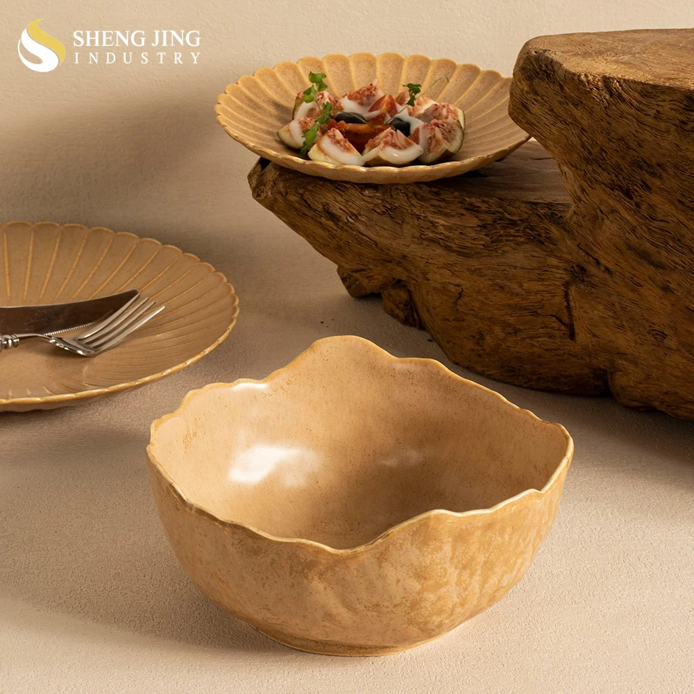 Hotel Brown Ceramic Glaze Bowl Set Restaurant Embossed Porcelain 6 Inch 7 Inch Salad Bol Noodle Curry Tureen For Soup