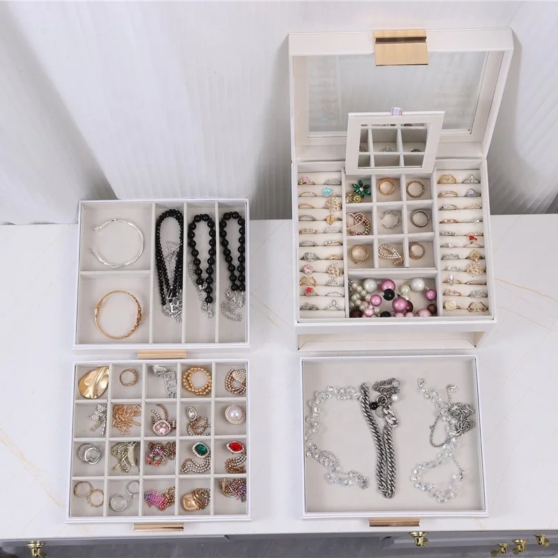 4 Layers Jewelry Organizer 3 Drawers Large Multi-Functional Jewelry Storage Display Case with Clear Lid for Women