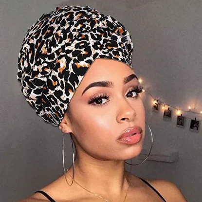 African Turban Head Wraps Beige Leopard Print Chemo Hat Cap Braid Pre-Tied Head Cover Cap Headwear for Ladies and Girls