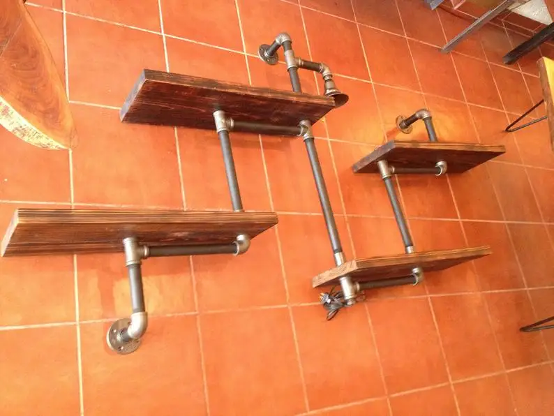 Rustic Industrial Wood and pipe wall shelf   Lamp Room Vintage Industry Iron Loft Water Pipe Shelf Wall Light Bookshelf