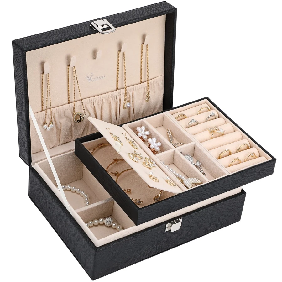 Lockable Leather 2 Layer Jewelry Holder Organizer Box Large Women Jewelry Storage Case for Ornament Accessories