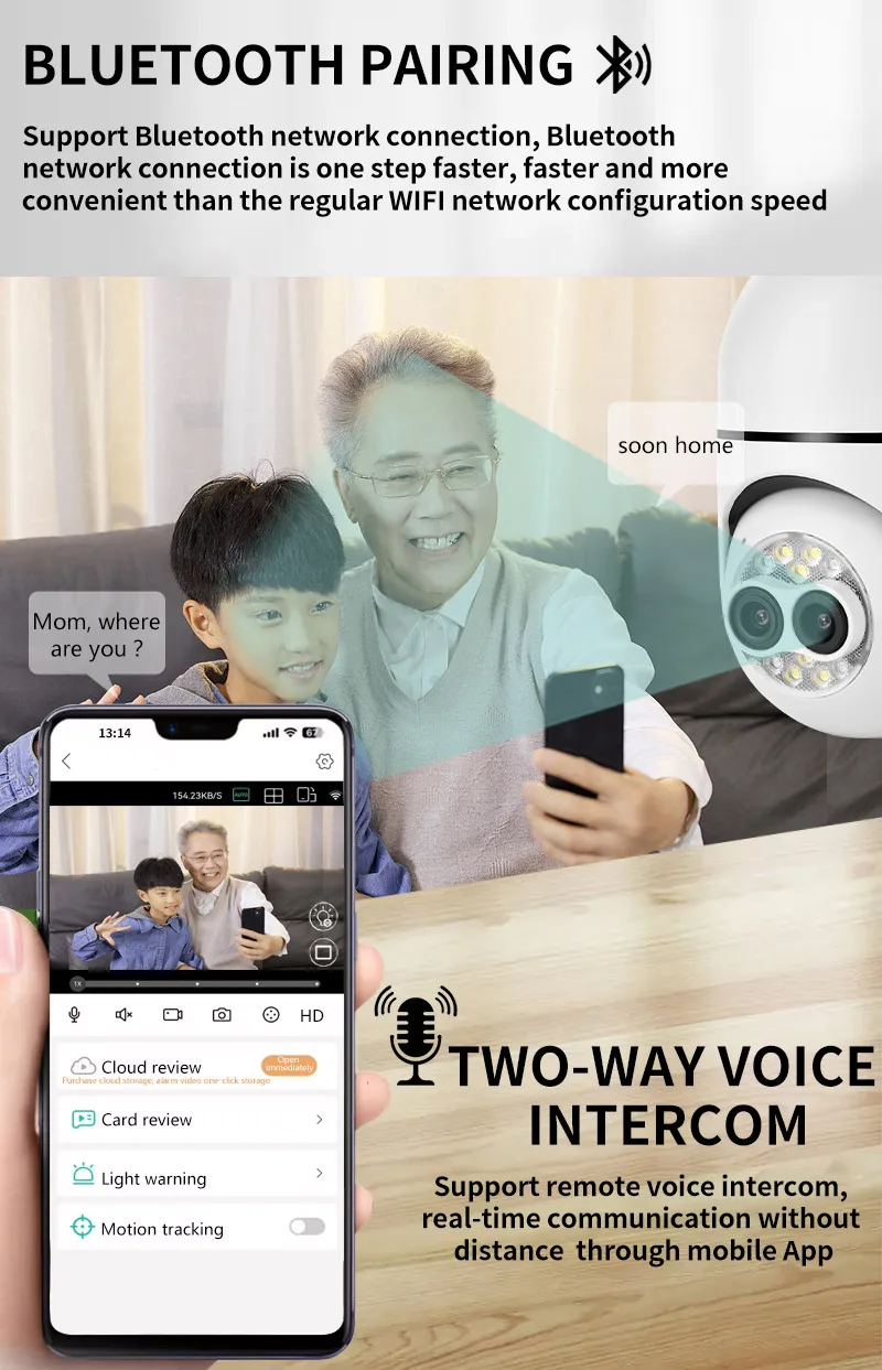 Icsee Mini Camera E27 Bulb 1080P Indoor Panoramic Human Detection Two-Way Audio Wireless Bluetooth Network Sd Nvr Cloud Storage