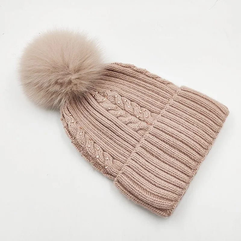 women Winter Knit Custom Logo Fur Bobble Hat rabbit wool Beanie With real fox fur Pompom
