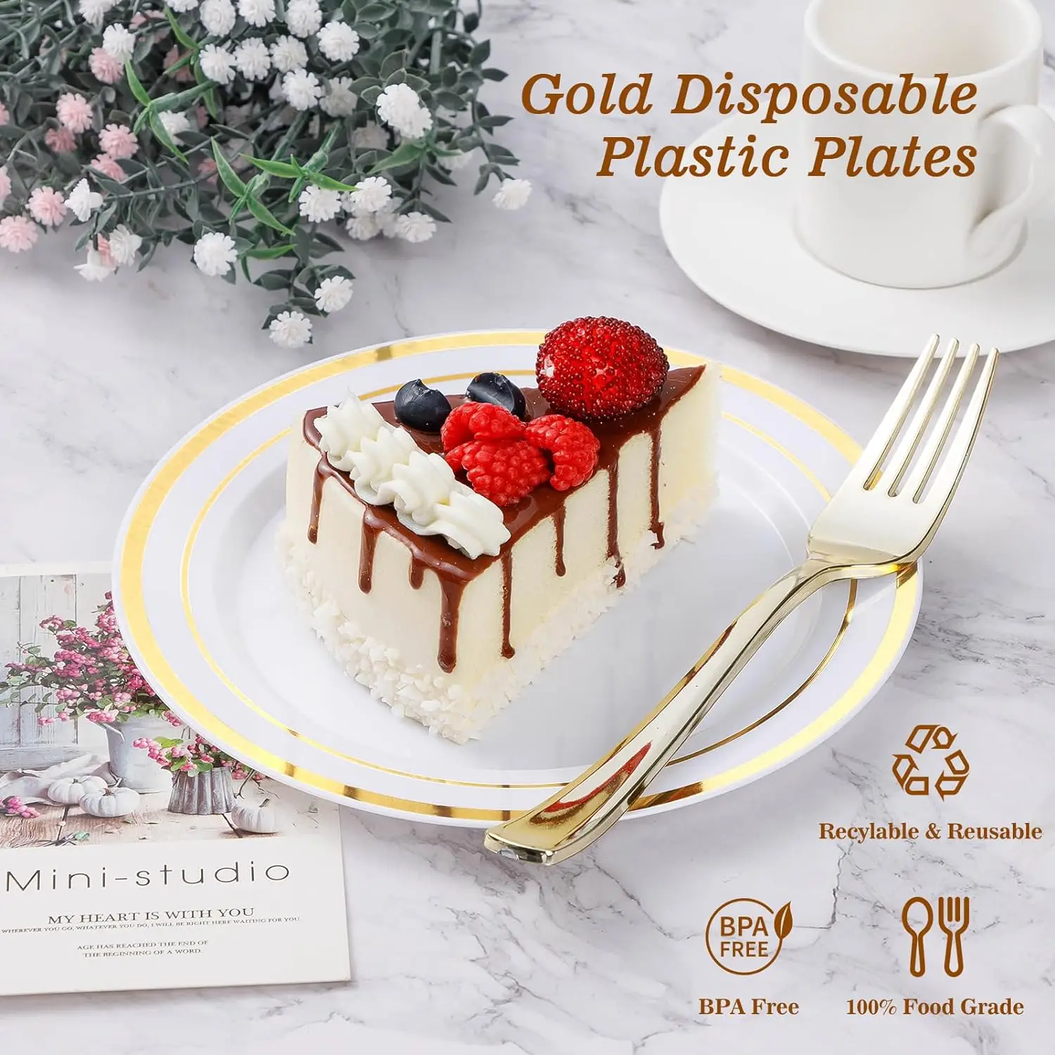 Luxury Gold silver rim white dessert plate dinnerware reusable melamine plates unbreakable serving dish golden plate