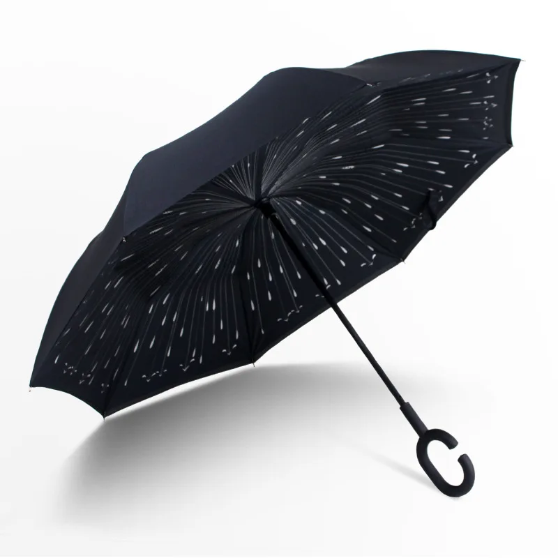 Wholesale black plastic ergonomic C shape handle double canopy inverted reverse umbrella with Navy and White Stripes Pattern