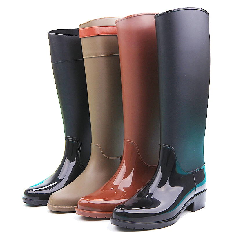 women fashion long pure color unique waterproof horse riding knee high pvc rain boots for women