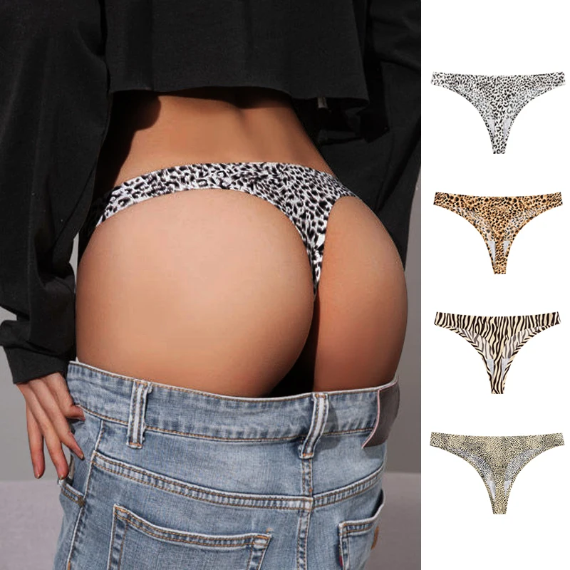 Custom Teen Girls Colorful Sexy Wearing G-Strings Underwear Photos Ice Silk Low Waist Leopard Print Seamless Thongs For Women