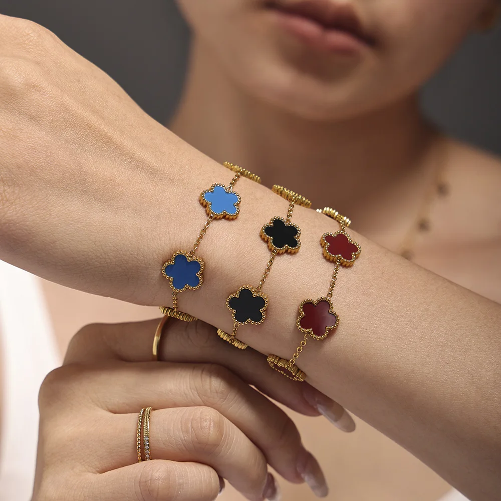 High Quality Lucky Black White Clover Bracelet Gold Non Tarnish Waterproof 316L Stainless Steel Leaf Clover Bracelet