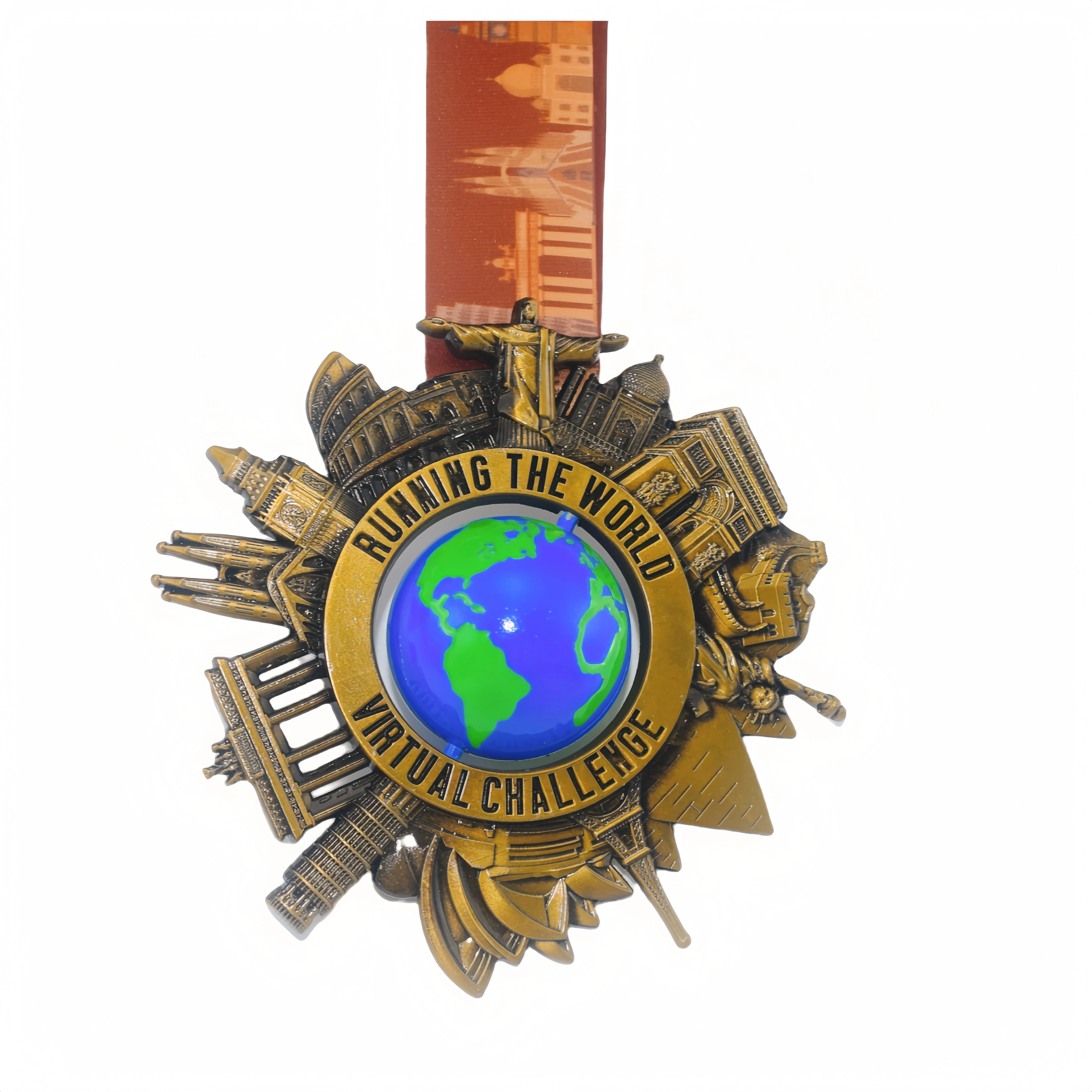 Manufacturer Customized 5K 10K Earth Seven Wonders World Running Marathon Antique Plating Spining Metal Medal For Challenge