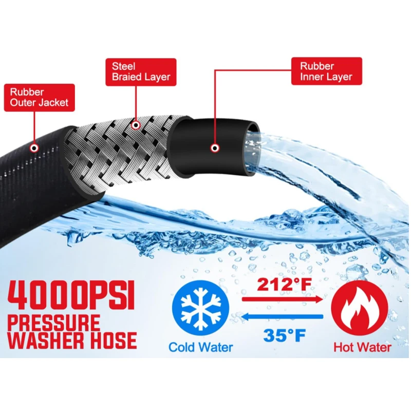 High Performance 3/8 PW Hose 100ft, Hot/Cold Water Max 250F Kink-Proof Swivel M22-14mmAdapters Steel Wire Braided Rubber Jacket