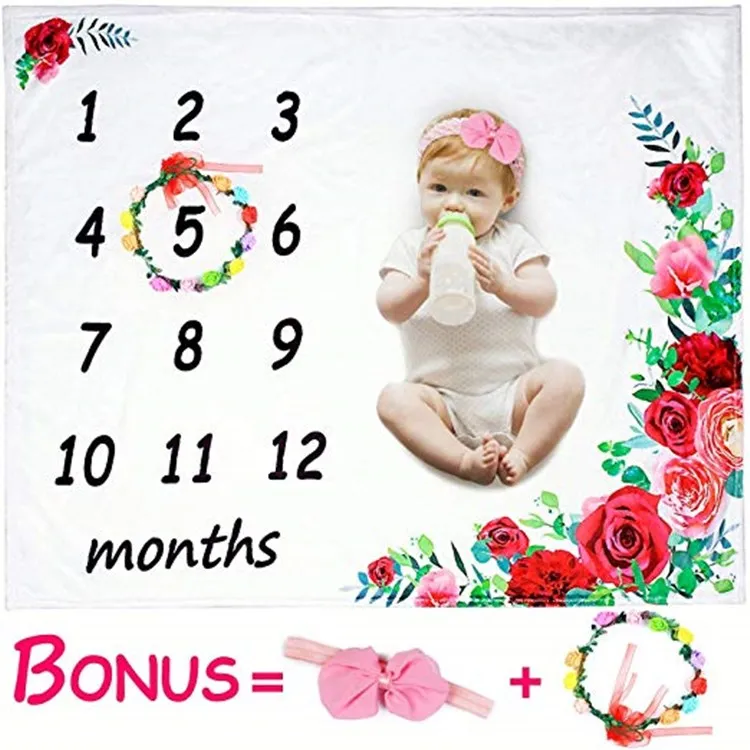 BSCI 1 luxury Thick double sided printing  manufacturer Background Blanket rainbow floral Baby Monthly Milestone blanket