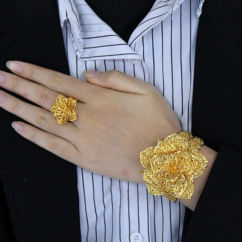France Luxury Chain Cuff Bangle & Ring For Women Dubai Gold Color Indian Moroccan Big Bracelet Jewelry Arabic Wedding