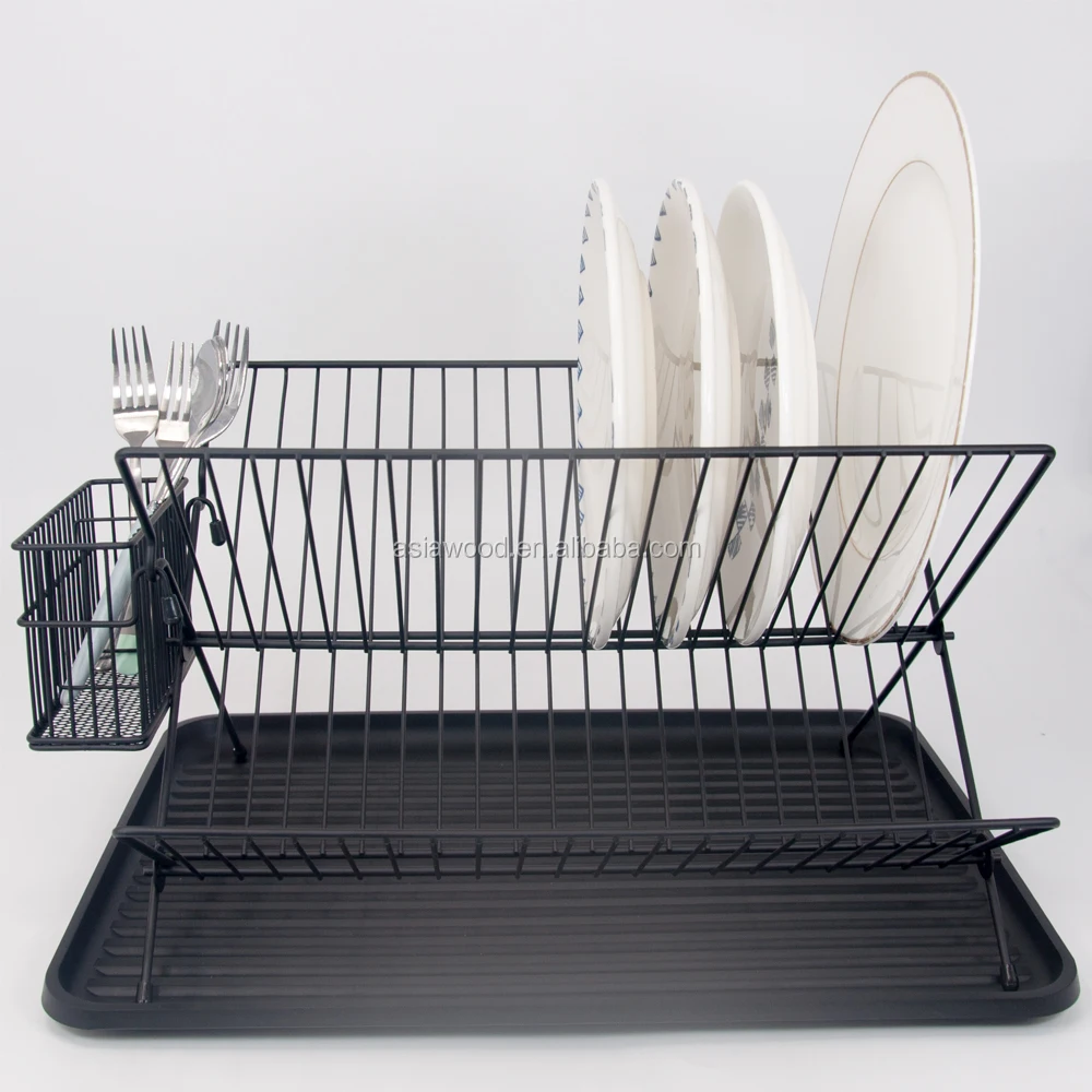Black powder spraying wire 2 layer bamboo dish drainer storage holder rack