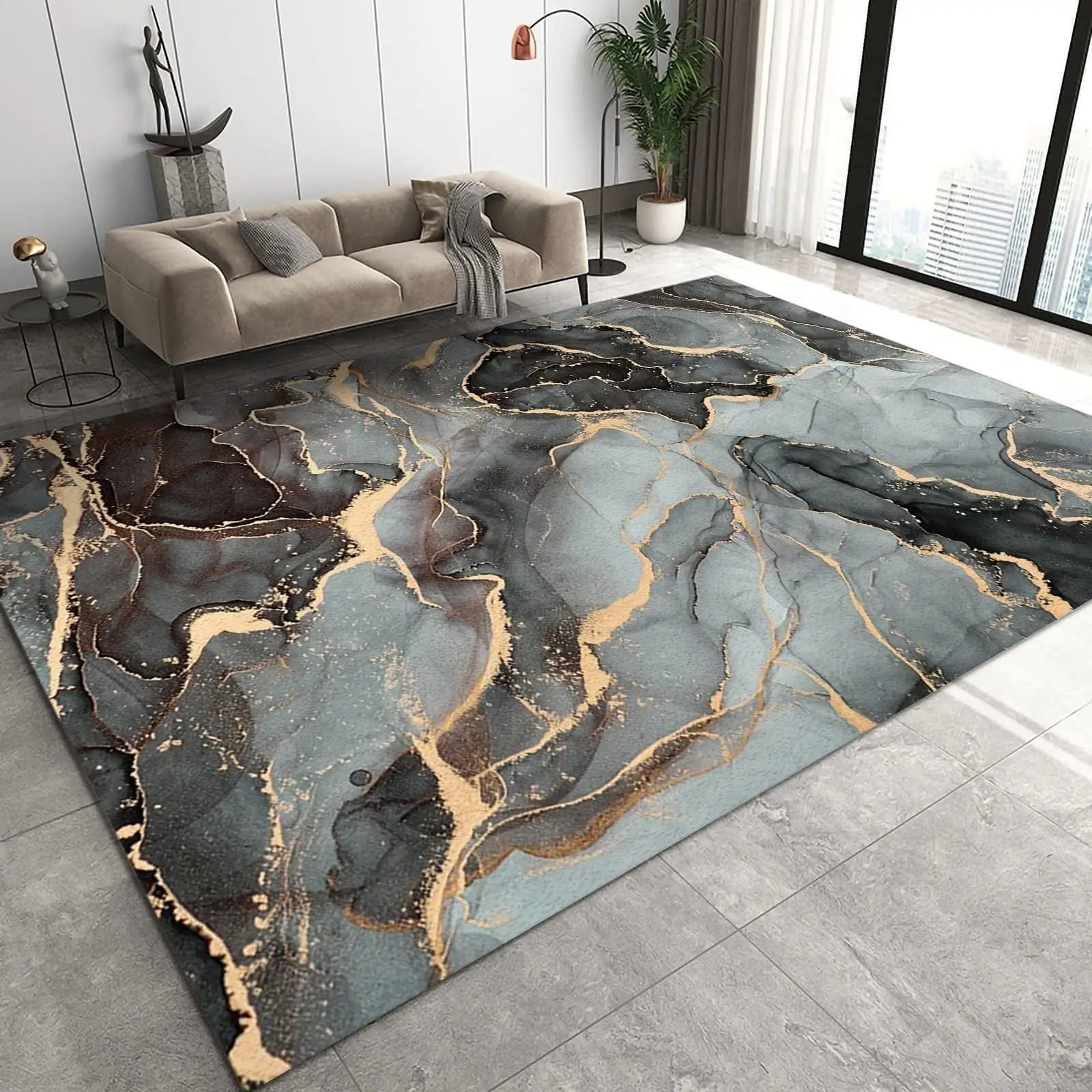 Modern Non-Slip Stone Green Marble Carpet Abstract Pattern Rugs For Living Room