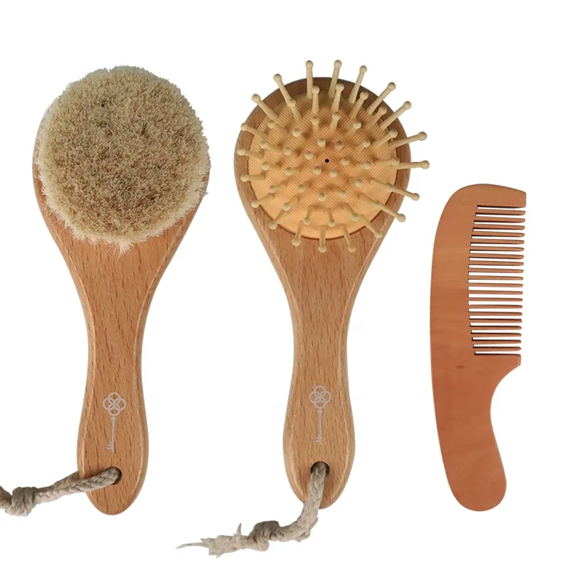 
Custom Logo Natural Beech Wooden Hairbrush with Soft Goat Bristles Round Baby Hair Brush and Comb Set for Newborn 