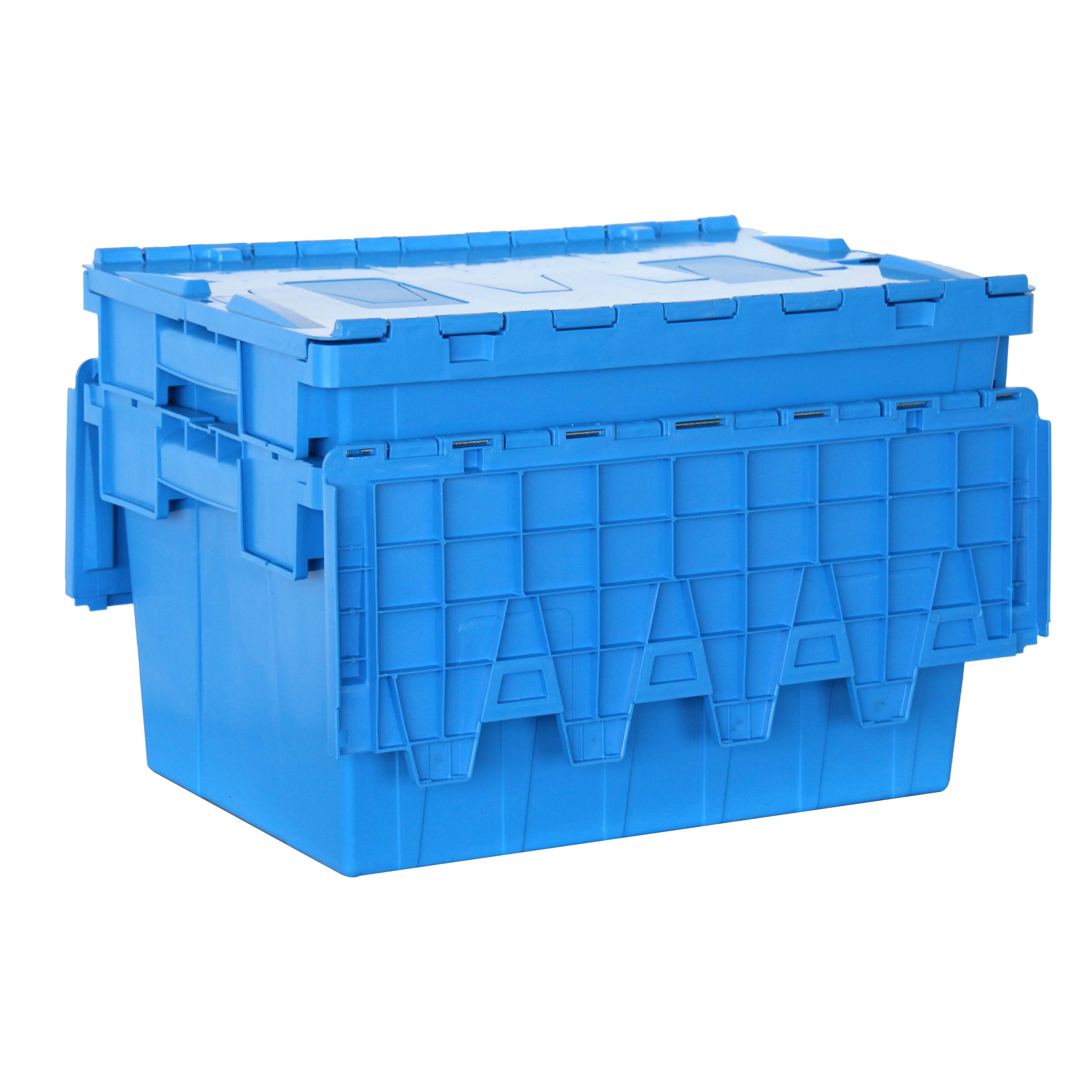 Factory supply reasonable price 56L stack & nest solid plastic storage crate heavy duty moving totes with lid