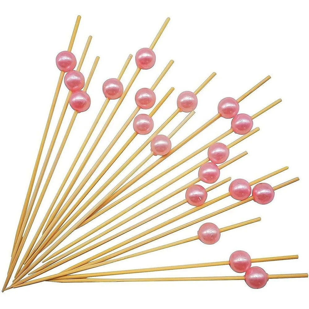 Acrylic Pink Pearl Decoration Skewers Bamboo Cocktail Tooth Pick Stick