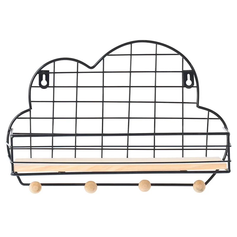 Nordic Simple Iron Grid Cloud-shaped Shelf Home Decorative Hook Storage Wood Wall Shelf