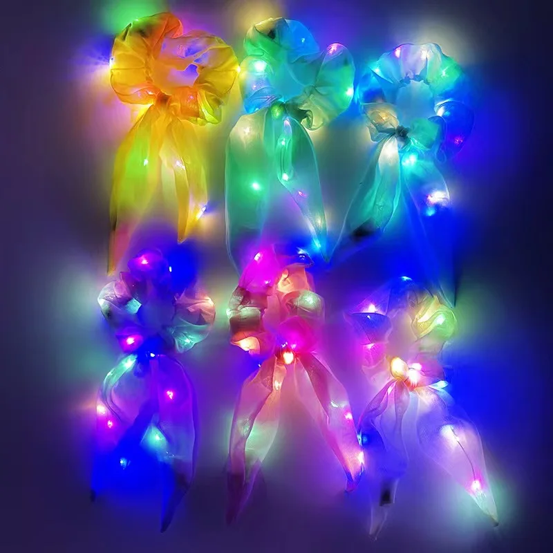 Wholesale Satin Silk Led Flashing Hair Scrunchies Light Up Hairband Elastic Bands Glow Luminous Headband Party Favors Supplies
