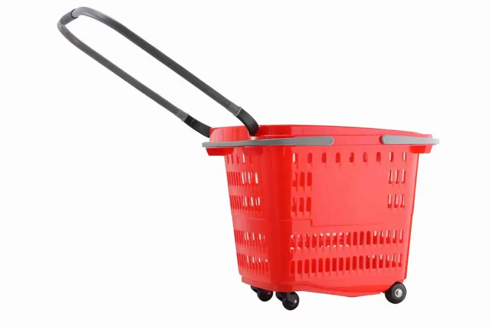 MOQ 20 PCS Stacking 50L Supermarket Plastic Rolling Cart With 4 Wheels, Folding Handles Shopping Basket