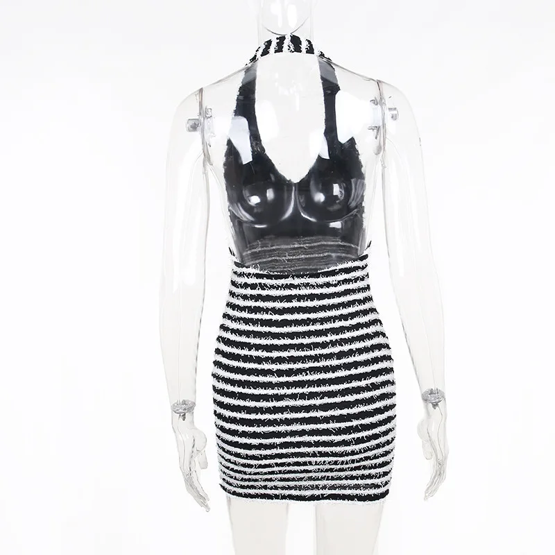 Black White Striped Dress Halter Sleeveless Mini Tight Dress Sexy Open Back Dresses