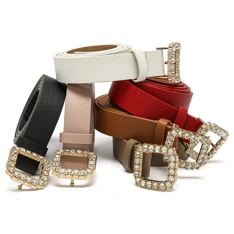 Fashion rhinestone square buckle belt women decorative windbreaker dress young student belt wholesale