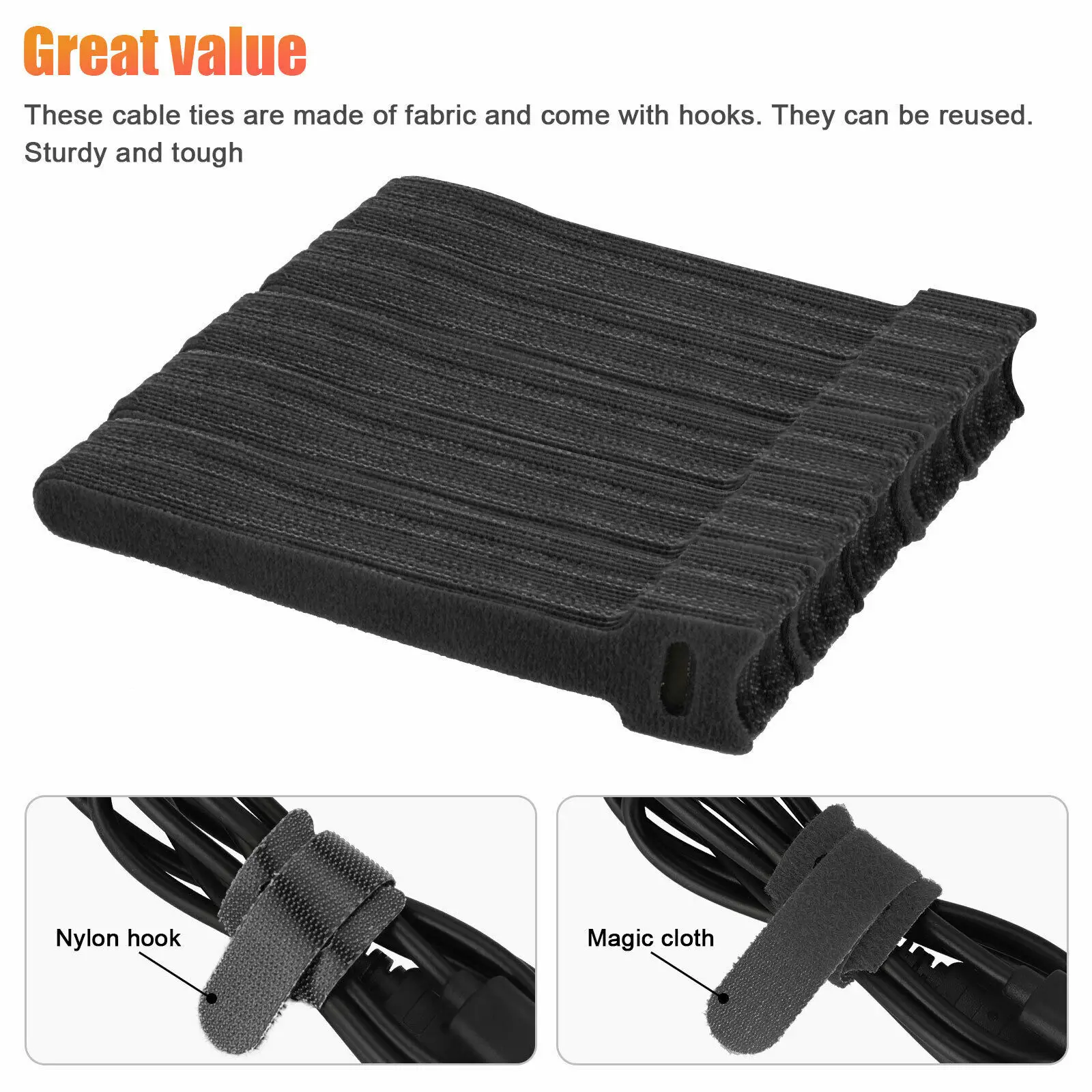 100 Pieces 6 Inches Reusable Cable Ties, Nylon Adjustable Cord Straps, Cable Organizer Wrapper  with Hook Loop Rope Holder