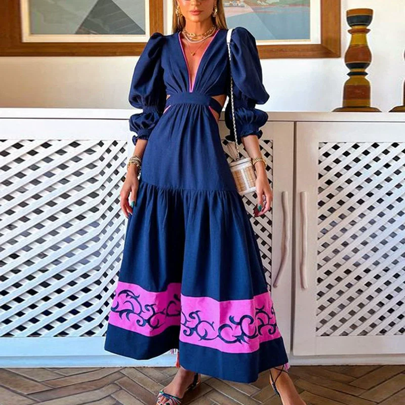 J&H 2022 new fashion hollow out maxi dress ladies designed sleeve halter boho dress summer elegance long dress