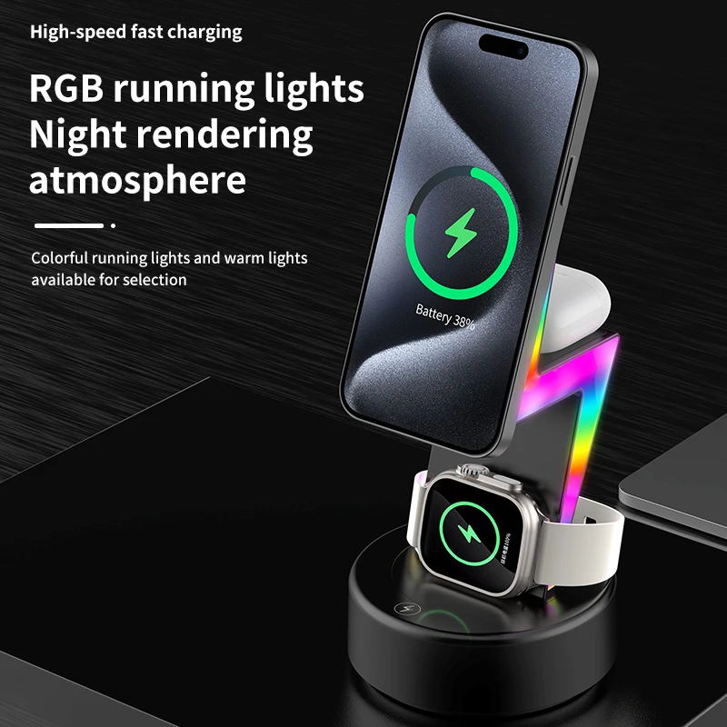 lightning Magnetic Wireless Charger fast wireless charger stand 3 in 1 Stand RGB Light for watch airpods and phones