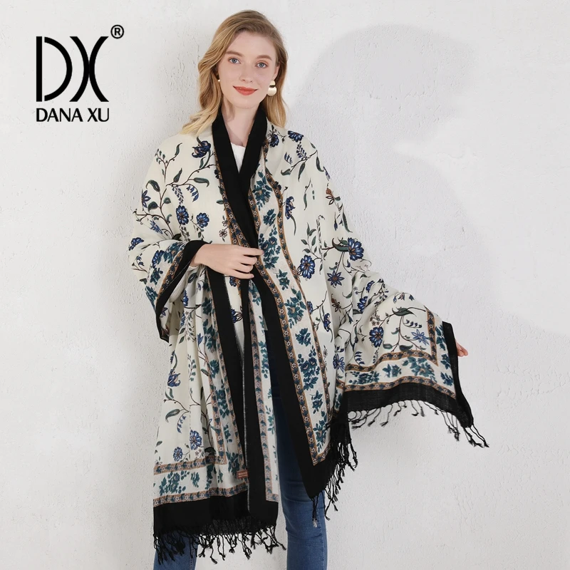 100% Pure Merino Wool Extra Large Pashmina Cashmere Scarf Shawl And Wrap For Women Winter Oversized Floral Blanket