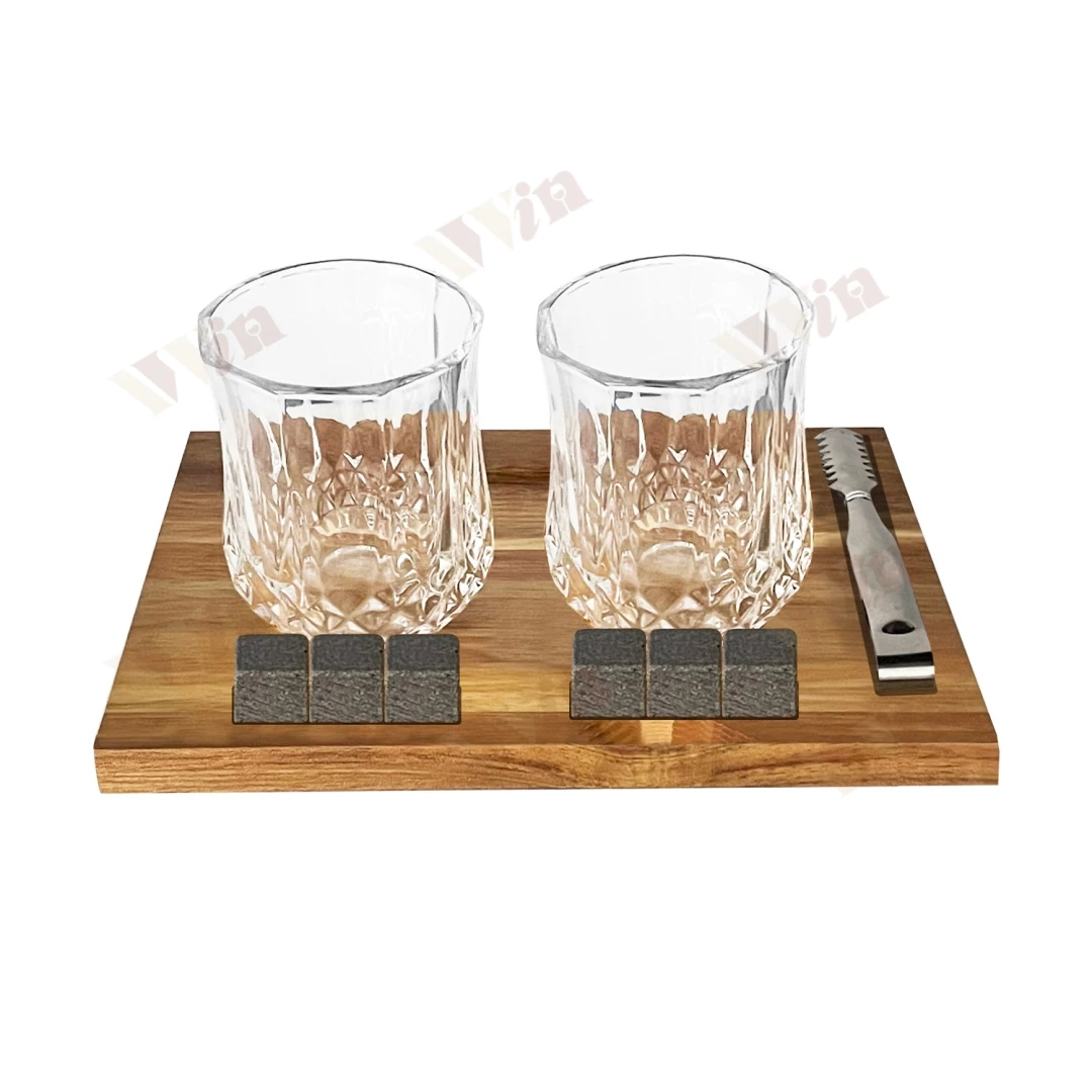 Personalized Old Fashioned Emgraved Whiskey Glass And Whiskey Stones Gift Set With Wooden Tray IWIN Supplier