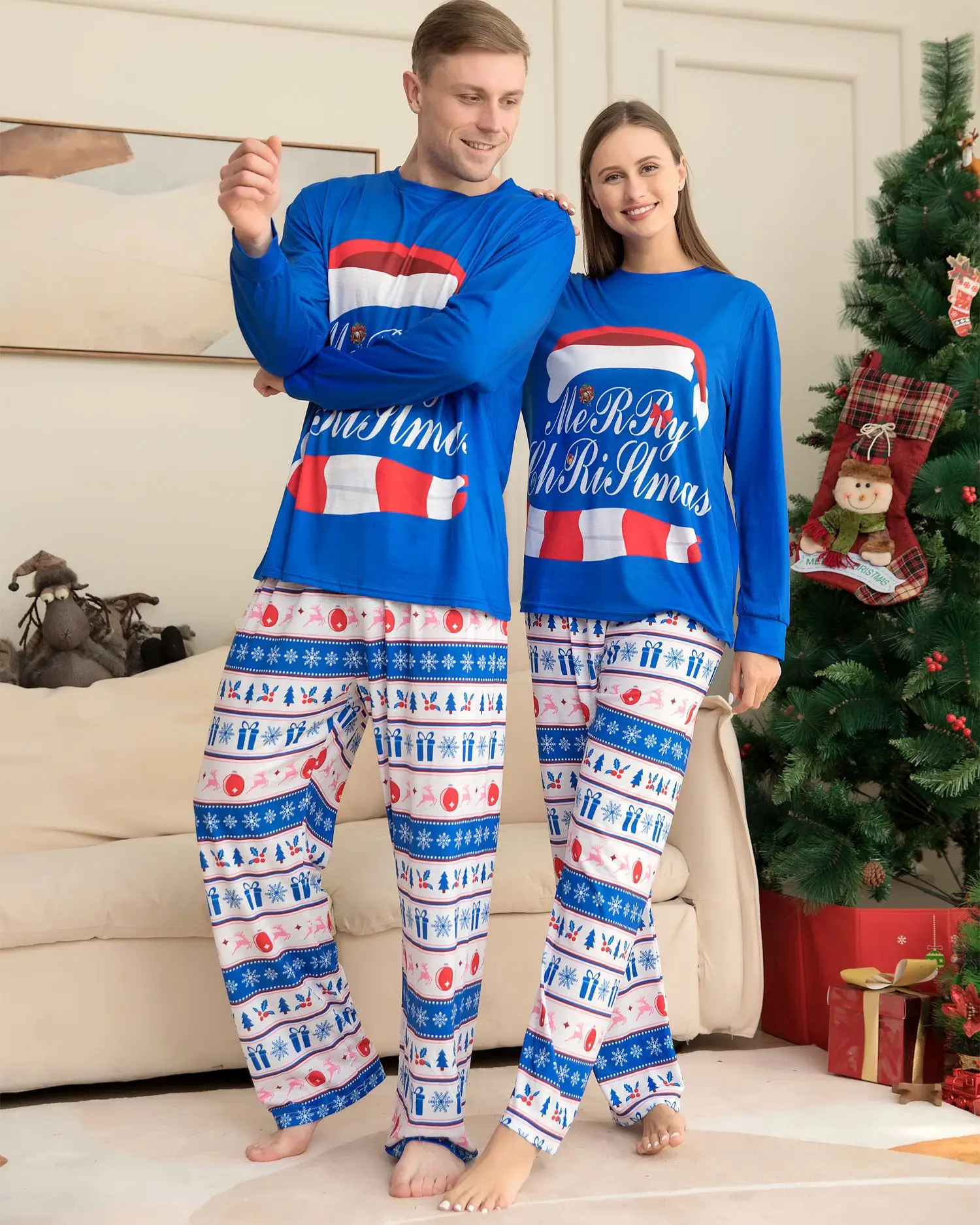 2024 Stock Wholesale Christmas pajamas blue xmas pjs set kids adult baby women matching christmas pajamas family matching