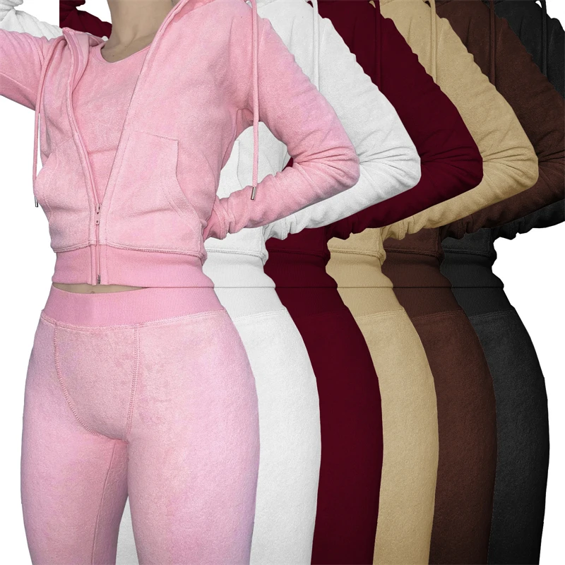 Aoyema Fall Loungewear Suit Solid Color Zip up Hoodie 3 Piece Set Women Terry Towel Sweatpants and Hoodie Set