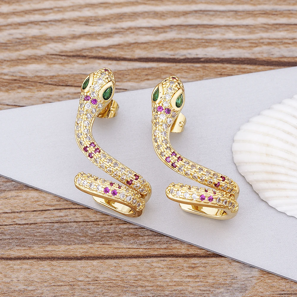 QIKU New Fashion Punk Style Snake Shape Stud Earrings Copper Cubic Zircon Women Girl Charm Party Gold Color Jewelry Accessories