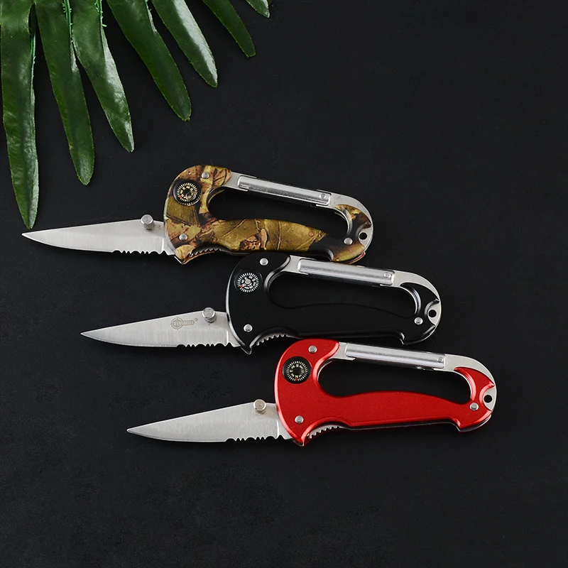 Multifunctional D-Shaped Carabiner for Outdoor Activities Quick Hanging Buckle with Convenient Folding Knife Compass Climbing