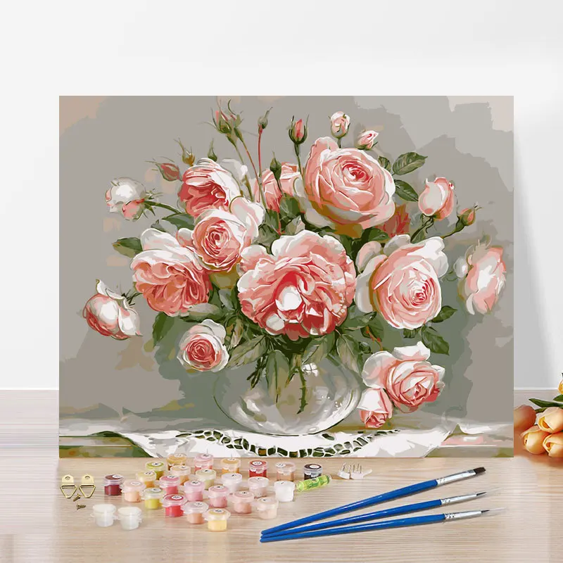 2023 Hot Selling Beautiful Flower Shape Printed Canvas+Paint brushes+Acrylic Paints Diy Painting Set Paint By Numbers