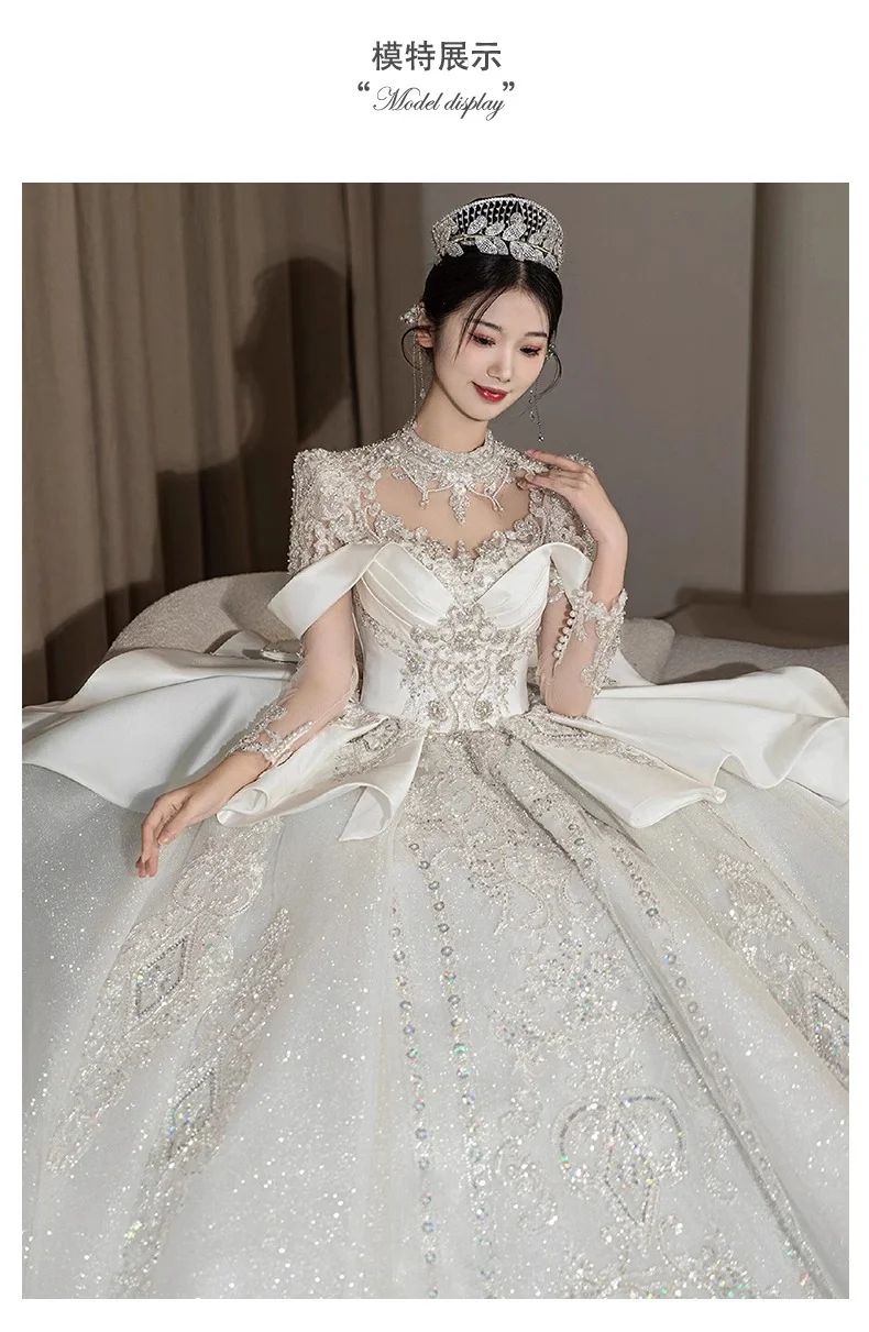 High-end wedding dress 2024 new bride main yarn high-grade French satin heavy wedding dress long sleeve