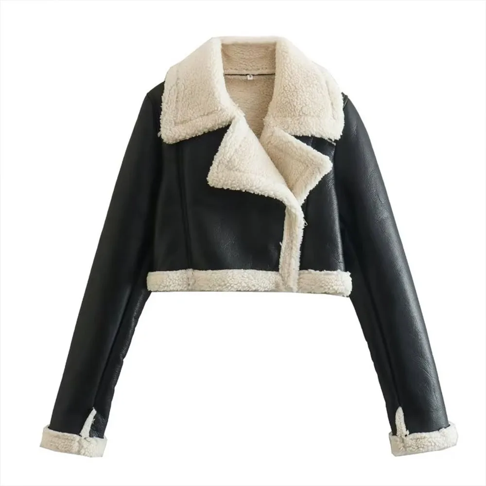 Women New Chic Winter Fashion Cropped Jacket Coat Vintage Long Sleeve Female Outerwear Chic