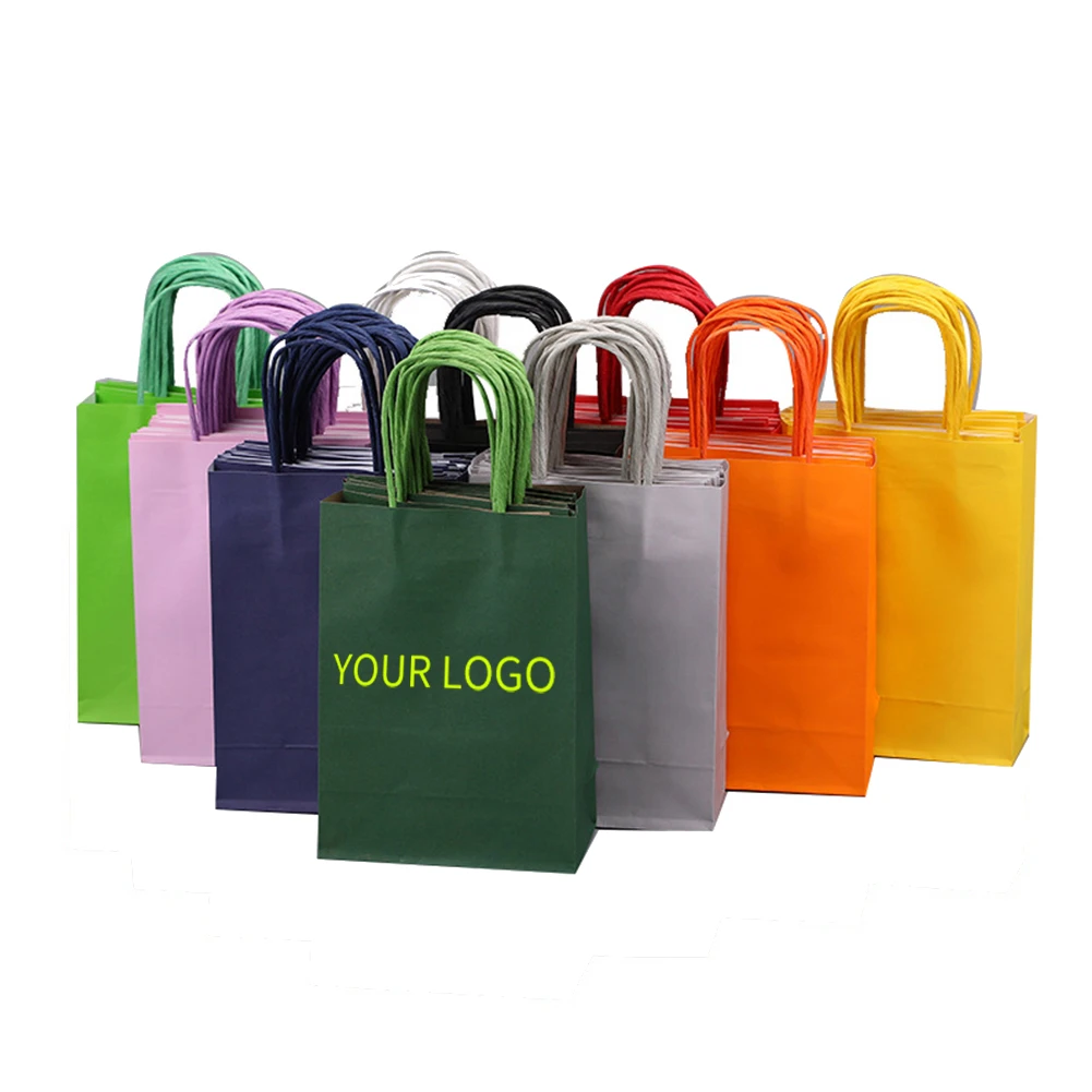 In Stock and Custom Kraft Paper Bag with Handles Solid Color Gift Packing Bags for Store Clothes Wedding Christmas Handbags Kit