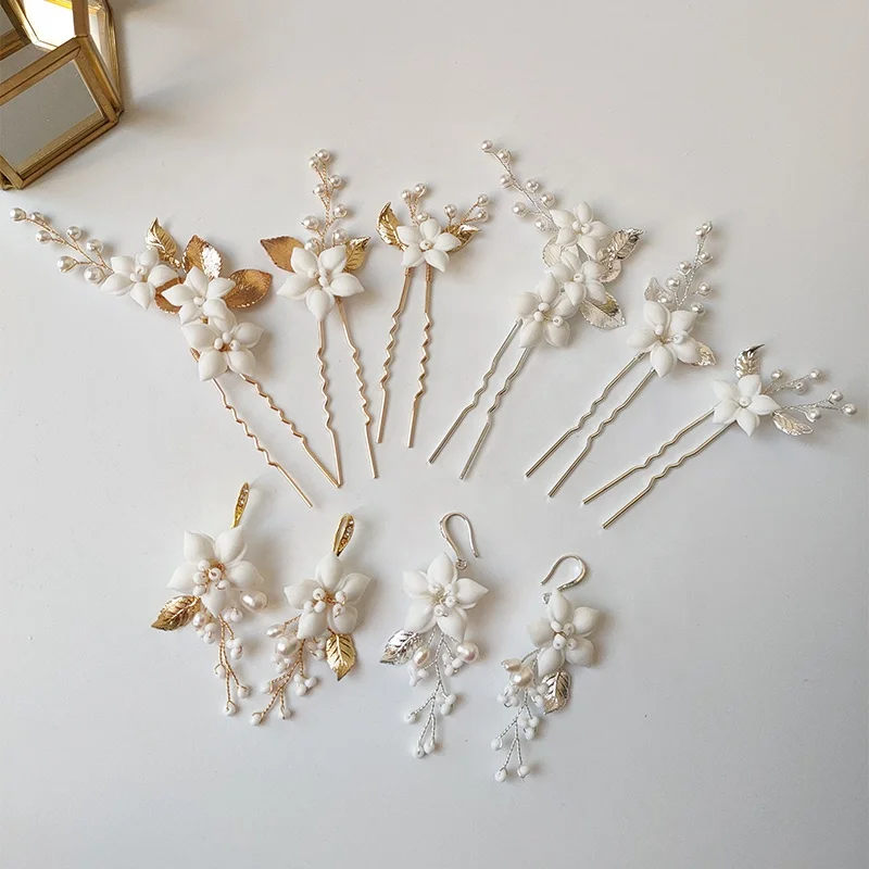 Bohemian Style Hair Pin Bridal Accessories Ceramic Flower Headpiece Wedding Jewelry Earring Hairpins