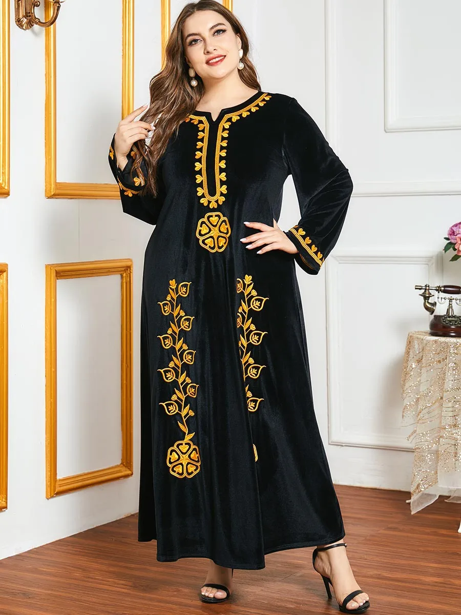 High Quality Abaya Flower Velvet Gold Thread Embroidery Muslim Dress Autumn Winter Abaya Dubai Black