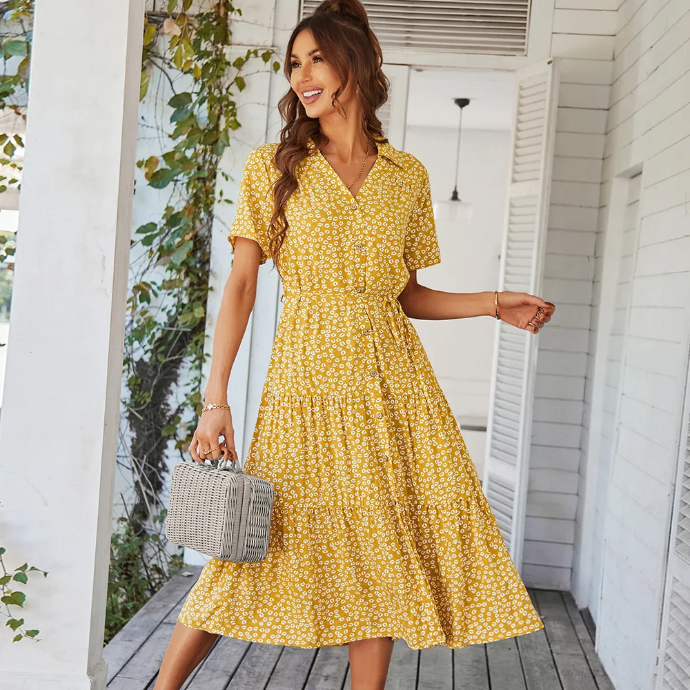 Vintage Casual Sundress Female Beach Dress Midi Button fashion Women Dress Summer 2022 Boho Sexy Floral Dress