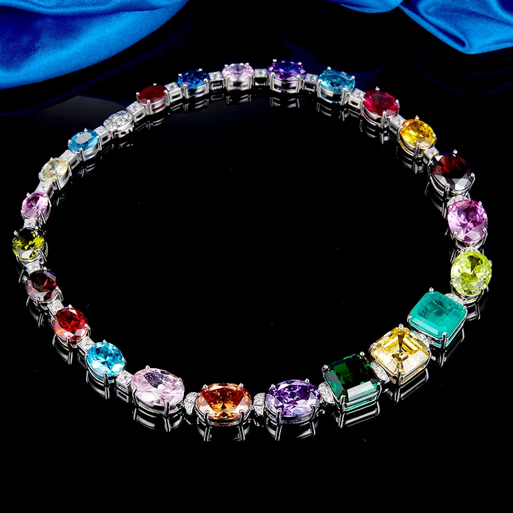 Colorful Cubic Zirconia Rainbow Tennis Necklace Sterling Silver Full CZ Diamond Choker Necklace