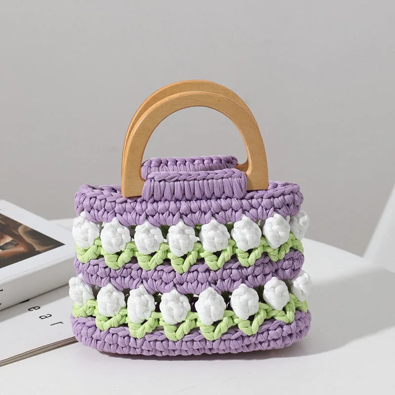 Wholesale Tulip Flower Tote Bag Basket Hand Knitted Bag DIY Homemade Cloth Rope Crochet Bag Girlfriend Gift Floral Bucket