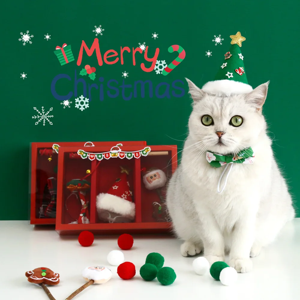 2022 Amazon Best Selling Pet Toys Set Cat Christmas Hat /Cat Collar Bowtie Red Green Cat Christmas Hat