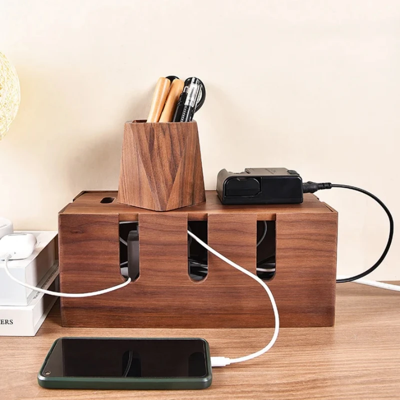 Classic Desktop Power Cord Power Strip Organizer Cable Management Wooden Power Outlet Organize Storage Box Cable Organizer