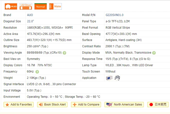 22 Inch 1680x1050 22 Inch Tft Lcd Display Panel 250 Brightness a-Si TFT-LCD Module